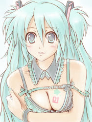 Rule 34 | 1girl, alternate hairstyle, aqua eyes, aqua hair, bad id, bad pixiv id, breasts squeezed together, breasts, cleavage, face, hatsune miku, long hair, messy hair, satogo, solo, strap slip, twintails, two side up, vocaloid