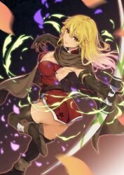 Rule 34 | 1girl, ass, backless dress, backless outfit, belt, black belt, black footwear, black gloves, black thighhighs, blonde hair, bow (weapon), breasts, brown eyes, brown scarf, cleavage, commentary request, dark-skinned female, dark skin, dress, elbow gloves, fire emblem, fire emblem: the binding blade, floating hair, gloves, hair between eyes, holding, holding bow (weapon), holding weapon, igrene (fire emblem), large breasts, lips, long hair, looking at viewer, mole, mole under eye, nintendo, pink lips, red dress, scarf, shoes, short dress, smile, solo, standing, standing on one leg, thighhighs, weapon, yuuri (orz commushows)