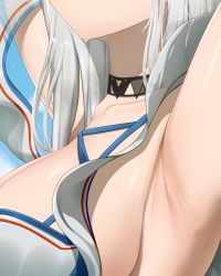 Rule 34 | 1girl, absurdres, arknights, armpits, arms up, bikini, black choker, breasts, chinese clothes, choker, cleavage, close-up, commentary request, head out of frame, highres, large breasts, long hair, official alternate costume, silver hair, skadi (arknights), skadi (waverider) (arknights), solo, sweat, swimsuit, upper body, vamjulian, white bikini