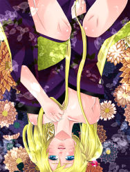 Rule 34 | 1girl, bare shoulders, between legs, blonde hair, blue eyes, blush, breasts, cleavage, closed mouth, collarbone, expressionless, facial mark, facing viewer, flower, genderswap, genderswap (mtf), hand between legs, hand up, japanese clothes, kimono, knees up, large breasts, legs up, long hair, looking at viewer, love party, lying, naruko (naruto), naruto, naruto (series), no bra, off shoulder, on back, petal print, petals, purple kimono, solo, twintails, uzumaki naruto, very long hair, wet, whisker markings, whiskers, wide sleeves