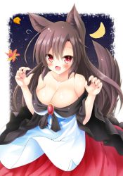 Rule 34 | 1girl, :d, animal ears, blush, breasts, brooch, brown hair, claw pose, collarbone, commentary, crescent moon, dress, fang, fingernails, gem, hair between eyes, highres, imaizumi kagerou, jewelry, large breasts, long dress, looking at viewer, meme, moon, open mouth, osashin (osada), red eyes, red gemstone, red neckwear, sharp fingernails, smile, solo, sweatdrop, tail, they had lots of sex afterwards (meme), touhou, wide sleeves, wolf ears, wolf tail