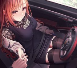 Rule 34 | arisugawa natsuha, black nails, blush, breasts, bright pupils, brown eyes, car, car interior, coat, condom, condom wrapper, dress, fingernails, from side, garter straps, grey coat, highres, holding, holding condom, holding hands, idolmaster, idolmaster shiny colors, jewelry, large breasts, long hair, long sleeves, looking at viewer, looking to the side, motor vehicle, nail polish, necklace, open clothes, open coat, orange hair, parted lips, porsche, pov, pov hands, purple dress, short dress, smile, steering wheel, sweat, thighhighs, thighs, turisasu, white pupils