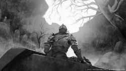 Rule 34 | 1other, armor, artist name, bare tree, breastplate, coffin, dark souls (series), dark souls iii, gauntlets, grass, greyscale, helm, helmet, highres, knight, l aciel, looking up, monochrome, outdoors, pauldrons, shoulder armor, sitting, solo, tombstone, torn, torn clothes, tree, vambraces