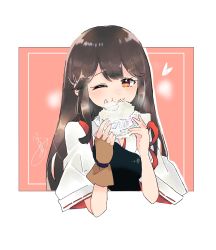 Rule 34 | 1girl, akagi (kancolle), blush, brown eyes, brown gloves, brown hair, closed mouth, eating, food, food on face, furochia, gloves, hair between eyes, heart, highres, holding, holding food, japanese clothes, kantai collection, long hair, muneate, one eye closed, onigiri, partially fingerless gloves, partly fingerless gloves, signature, smile, solo, tasuki, upper body, yugake