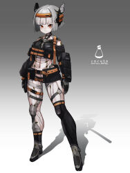 Rule 34 | 1girl, absurdres, armor, arms at sides, artist name, belt, belt pouch, breasts, commentary request, cyborg, full body, gradient background, grey background, grey hair, headgear, highres, looking at viewer, medium breasts, orange eyes, original, pouch, science fiction, shadow, short hair, single thighhigh, solo, soruto 0w98e, standing, thighhighs, two-tone background, variant set, white background