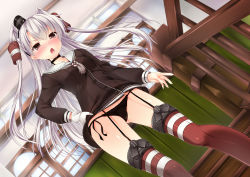 Rule 34 | &gt;:o, 10s, 1girl, :o, amatsukaze (kancolle), black panties, blush, brown eyes, cameltoe, dress, garter straps, gloves, kantai collection, long hair, looking at viewer, nironiro, open mouth, panties, pantyshot, personification, red thighhighs, sailor dress, short dress, side-tie panties, silver hair, single glove, skirt, solo, stairs, striped clothes, striped thighhighs, thighhighs, twintails, two side up, underwear, upskirt, v-shaped eyebrows, white gloves