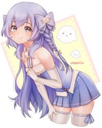 Rule 34 | 1girl, bare shoulders, blush, bow, braid, closed mouth, cropped legs, dated, detached collar, elbow gloves, gloves, grey eyes, hair bow, leaning forward, looking at viewer, original, pleated skirt, purple bow, purple hair, purple skirt, seal (animal), signature, skirt, smile, solo, temachii, thighhighs, transparent background, white gloves, white thighhighs, wing collar