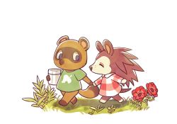 Rule 34 | 1boy, 1girl, ^ ^, animal crossing, animal nose, barefoot, blue eyes, body fur, bottomless, brown fur, brown hair, child, closed eyes, collared dress, day, dress, closed eyes, flat chest, flower, freckles, full body, furry, furry female, furry male, grass, green shirt, half-closed eyes, happy, holding, holding hands, long hair, long sleeves, looking at another, looking to the side, nintendo, outdoors, plaid, plaid dress, red dress, red flower, sable able (animal crossing), shijima (4jima), shirt, short sleeves, simple background, snout, spiked hair, spoilers, standing, thermos, tom nook (animal crossing), two-tone fur, walking, white background, white fur, aged down
