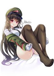 Rule 34 | 1girl, absurdres, artist name, black hair, black necktie, black pantyhose, clothes pull, commentary, crotch seam, dress shirt, gloves, green hat, green jacket, hat, highres, jacket, long hair, long sleeves, maett, military hat, necktie, no pants, off shoulder, original, panties, pantyhose, pantyhose pull, peaked cap, pink panties, red eyes, shadow, shirt, signature, simple background, sitting, smile, solo, soulworker, striped clothes, striped panties, underwear, very long hair, white background, white gloves, white shirt, wing collar