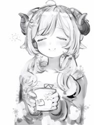 Rule 34 | 1girl, ahoge, animal ears, blush, closed eyes, closed mouth, curled horns, facing viewer, greyscale, highres, holding, hololive, horns, jacket, long hair, low twintails, monochrome, nanashi (nlo), sheep ears, sheep girl, sheep horns, simple background, smile, solo, tsunomaki watame, tsunomaki watame (loungewear), twintails, upper body, virtual youtuber, white background