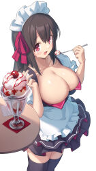Rule 34 | 1girl, absurdres, apron, arukiru, black skirt, black thighhighs, breasts, brown hair, cleavage, collarbone, commentary request, commission, dessert, food, hair ribbon, highres, holding, holding spoon, large breasts, long hair, looking at viewer, maid, maid apron, maid headdress, original, parfait, puffy short sleeves, puffy sleeves, red eyes, red ribbon, ribbon, short sleeves, simple background, skeb commission, skirt, spoon, standing, sweatdrop, thighhighs, thighs, white background, zettai ryouiki