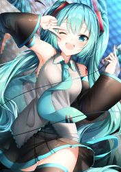 Rule 34 | 1girl, ;d, aqua eyes, aqua hair, aqua necktie, armpits, bare shoulders, black skirt, breasts, commentary request, cowboy shot, detached sleeves, grey shirt, hands up, hatsune miku, highres, holding, long hair, long sleeves, looking at viewer, miniskirt, necktie, one eye closed, open mouth, partial commentary, shiero., shirt, skirt, sleeveless, sleeveless shirt, small breasts, smile, solo, standing, thighhighs, twintails, v over eye, very long hair, vocaloid, wide sleeves