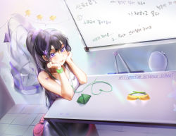 Rule 34 | 1girl, absurdres, bad id, bad pixiv id, black hair, blue archive, cheosnuni, choker, closed mouth, crop top, flower, green choker, hair flower, hair ornament, highres, light blush, long hair, looking at viewer, ponytail, purple eyes, sumire (blue archive), table, upper body