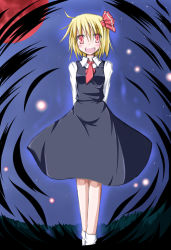 Rule 34 | 1girl, arms behind back, bad id, bad pixiv id, blonde hair, darkness, dress, embodiment of scarlet devil, female focus, hair ribbon, kirino souya, moon, necktie, night, open mouth, red eyes, red moon, red necktie, ribbon, rumia, short hair, smile, solo, souya, touhou