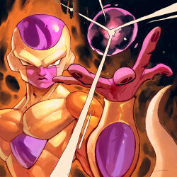 Rule 34 | 1boy, alien, aura, bald, black background, black lips, black nails, closed mouth, collarbone, colored skin, dragon ball, dragon ball super, energy ball, frieza, furrowed brow, garrett hanna, gold skin, golden frieza, hand up, incoming attack, looking at viewer, male focus, multicolored skin, no eyebrows, pectorals, purple skin, red eyes, solo, tail, upper body
