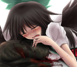 Rule 34 | 1girl, black hair, blood, bow, cat, crying, crying with eyes open, dead animal, death, female focus, kaenbyou rin, kaenbyou rin (cat), long hair, red eyes, reiuji utsuho, sad, shimo (depthbomb), solo, tears, touhou, wings