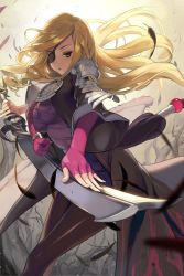 Rule 34 | 10s, 1girl, armor, armored dress, artist request, black pantyhose, blade &amp; soul, blonde hair, breasts, character request, cowboy shot, elbow gloves, eyepatch, female focus, fighting stance, gloves, green eyes, large breasts, light smile, long hair, looking at viewer, official art, pantyhose, pauldrons, pink gloves, shoulder armor, solo, sword, weapon
