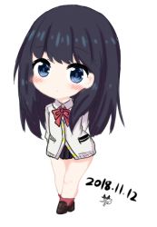 Rule 34 | 10s, 1girl, bailingxiao jiu, black hair, black skirt, blue eyes, blush, bow, brown footwear, cardigan, chibi, closed mouth, collared shirt, crossed ankles, dated, full body, gridman universe, head tilt, loafers, long hair, looking at viewer, miniskirt, pleated skirt, red bow, red socks, shirt, shoes, simple background, skirt, socks, solo, ssss.gridman, standing, takarada rikka, very long hair, white background, white cardigan, white shirt