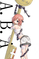 Rule 34 | 1girl, a.b.a, arc system works, ass, bandages, blood, blue eyes, chain, feet out of frame, female focus, from behind, guilty gear, hair over one eye, homunculus, jitome, key, key in head, looking at viewer, object through head, paracelsus (guilty gear), red hair, short hair, simple background, skirt, solo, white background
