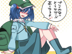 Rule 34 | 1girl, backpack, bag, blue eyes, blue hair, blush, boots, green hat, hammer (sunset beach), hand gesture, hat, highres, kawashiro nitori, key, long sleeves, looking at viewer, one eye closed, sitting, skirt, solo, touhou, translation request, twintails