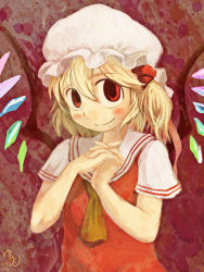 Rule 34 | 1girl, ascot, blonde hair, blush, closed mouth, commentary request, crystal, dated, flandre scarlet, hair between eyes, hair ribbon, hat, looking at viewer, medium hair, mob cap, one side up, own hands together, red background, red eyes, red ribbon, red vest, ribbon, shirt, short sleeves, signature, smile, solo, touhou, upper body, vest, white hat, white shirt, yellow ascot, yukiman