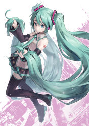 Rule 34 | 1girl, absurdly long hair, absurdres, aqua eyes, aqua hair, aqua necktie, black skirt, blush, boots, closed mouth, commentary request, detached sleeves, full body, grey shirt, hatsune miku, headphones, highres, holding, holding own hair, ishiyuki, long hair, necktie, shirt, skirt, sleeveless, solo, thigh boots, twintails, very long hair, vocaloid
