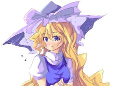 Rule 34 | 1girl, blonde hair, blue eyes, female focus, hat, kirisame marisa, saiste, simple background, solo, touhou, upper body, white background, witch, witch hat
