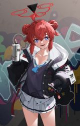 Rule 34 | 1girl, :d, absurdres, ahoge, badge, blue archive, blue eyes, blue necktie, button badge, collarbone, collared shirt, cowboy shot, double bun, graffiti, hair bun, halo, highres, holding, hood, hooded jacket, id card, jacket, kasasasagi, long sleeves, looking at viewer, maki (blue archive), necktie, open clothes, open jacket, open mouth, pleate, red hair, shirt, short hair, sidelocks, skirt, smile, smiley face, solo, spray can, spray paint, standing, sweater vest, wall