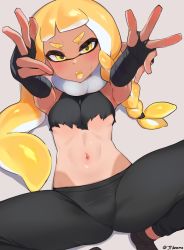 Rule 34 | 1girl, :o, agent 3 (splatoon 3), armpits, artist name, bandaged arm, bandaged foot, bandages, bare shoulders, black leggings, black shirt, blonde hair, blunt bangs, blush, braid, breasts, crop top, fangs, feet out of frame, fingerless gloves, gloves, highres, jtveemo, leggings, linea alba, long hair, looking at viewer, navel, nintendo, one-piece tan, open mouth, outstretched arms, shirt, side braid, simple background, small breasts, solo, splatoon (series), splatoon 3, spread legs, sweat, tan, tanline, tentacle hair, thick eyebrows, torn clothes, torn shirt, underboob, v-shaped eyebrows, very long hair, white background, yellow eyes