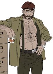 Rule 34 | 1boy, abs, alcohol, arm hair, bara, bare pectorals, beard, blue eyes, bonjourdraws, brown facial hair, brown hair, brown necktie, brown pants, call of duty, call of duty: modern warfare 2, call of duty: modern warfare 3, captain price, center opening, chest hair, colored skin, cup, facial hair, file cabinet, glass, green shirt, hand on own hip, hat, highres, holding, holding cup, looking to the side, male focus, mature male, military operator, navel, necktie, nipples, old, old man, pants, pectorals, pubic hair, red hat, shirt, short hair, solo, thick beard, watch, whiskey, white background, white skin, wristwatch