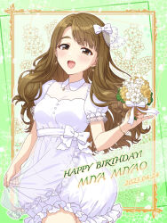 Rule 34 | 1girl, 2023, absurdres, blush, bouquet, bow, bracelet, breasts, brown eyes, brown hair, buttons, character name, dress, earrings, flower, frilled dress, frills, hair ornament, happy birthday, highres, holding, holding bouquet, idolmaster, idolmaster million live!, idolmaster million live! theater days, jewelry, long hair, looking at viewer, applying manicure, medium breasts, miyao miya, nail polish, open mouth, pendant, puffy short sleeves, puffy sleeves, ribbon, see-through, see-through sleeves, shiro (ongrokm), short sleeves, smile, solo, thick eyebrows, wavy hair, white dress, white flower, yellow flower