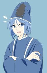 Rule 34 | 1other, androgynous, blue background, blue eyes, blue hair, blue hat, commentary request, crossed arms, flying sweatdrops, hat, highres, japanese clothes, kariginu, kashiwagi kaoru, l86haru68maki90, len&#039;en, long sleeves, open mouth, other focus, short hair, simple background, sketch, solo, sweat, teeth, upper body, upper teeth only