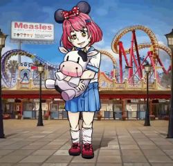 Rule 34 | 1girl, animal ears, animated, animated gif, bow, fang, freckles, hair bow, hives, holding stuffed toy, leg warmers, live2d, looking at viewer, measles, measles-chan, mouse ears, outdoors, personification, pink footwear, pink hair, roller coaster, sailor collar, school uniform, smile, standing, stuffed animal, stuffed cow, stuffed toy, theme park, yellow eyes