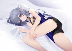 Rule 34 | 1girl, absurdres, bad id, bad pixiv id, bed, bed sheet, black hair, blue dress, blue eyes, china dress, chinese clothes, closed mouth, dress, fu hua, fu hua (valkyrie accipiter), hair between eyes, highres, honkai (series), honkai impact 3rd, long hair, looking at viewer, lying, on side, sleeveless, sleeveless dress, solo, thighs, wucanming