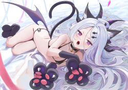 Rule 34 | 1girl, ahoge, animal ears, animal hands, bare shoulders, bell, bikini, black bikini, black gloves, blue archive, blush, breasts, cat ears, cat tail, chen bingyou, choker, collarbone, elbow gloves, forehead, gloves, hair ornament, hair ribbon, hairclip, highres, hina (blue archive), horns, jingle bell, long hair, looking at viewer, multiple horns, open mouth, parted bangs, paw gloves, paw shoes, purple eyes, ribbon, small breasts, solo, swimsuit, tail, white hair