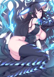 Rule 34 | 1girl, black hair, blue eyes, blunt bangs, breasts, character request, cleavage, commentary request, copyright request, fate/grand order, fate (series), highres, large breasts, long hair, looking at viewer, lying, nakamura regura, on side, parted lips, seductive smile, smile, solo, tagme, thighhighs, thighs, very long hair, yang guifei (fate), yang guifei (third ascension) (fate)