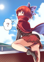 Rule 34 | 1girl, ?, ankle boots, black panties, blue sky, blush, boots, bow, brick wall, cape, cloud, clueless, day, guard rail, hair bow, high collar, hill, legs, looking at viewer, miniskirt, panties, pantyshot, pleated skirt, red eyes, red hair, red panties, satou yuuki, sekibanki, short hair, skirt, sky, solo, spoken question mark, standing, standing on one leg, sun, touhou, underwear