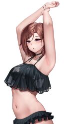 Rule 34 | 1girl, absurdres, armpits, arms up, bikini, black bikini, black choker, breasts, brown hair, choker, collarbone, commentary request, earrings, eyelashes, floral print, frilled bikini, frills, hair between eyes, hair ornament, hairclip, highres, higuchi madoka, idolmaster, idolmaster shiny colors, jewelry, looking at viewer, medium breasts, medium hair, mole, mole under eye, navel, open mouth, parted bangs, purple eyes, rev60, shadow, shiny skin, simple background, solo, spiked choker, spikes, stomach, stud earrings, swept bangs, swimsuit, upper body, white background, x hair ornament