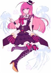 Rule 34 | 1girl, 3others, boots, dress, flower, hat, hime cut, index finger raised, jellyfish, long hair, moa (21energy12), multiple others, pink eyes, pink hair, pretty series, rose, simple background, straight hair, twitter, white background