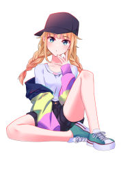 Rule 34 | 1girl, absurdres, bare legs, baseball cap, black hat, black shorts, blonde hair, blouse, blue eyes, blunt bangs, braid, breasts, closed mouth, collarbone, hand to own mouth, hat, head tilt, highres, hood, hoodie, knee up, long hair, looking at viewer, paripi koumei, shirt, shirt tucked in, shoes, shorts, simple background, sitting, sneakers, solo, spread legs, tsukimi eiko, white shirt, yumesphere