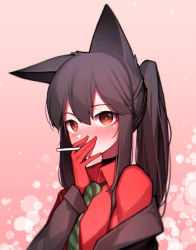 Rule 34 | 1girl, absurdres, animal ears, arknights, beudelb, black hair, black jacket, blush, cigarette, commentary, dress shirt, gloves, gradient background, green necktie, hair between eyes, highres, jacket, korean commentary, long hair, looking at viewer, mouth hold, necktie, off shoulder, official alternate costume, ponytail, red eyes, red gloves, red shirt, shirt, smoking, solo, texas (arknights), texas (willpower) (arknights), upper body, wolf ears