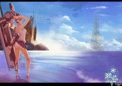 Rule 34 | 1girl, animal ears, ass, barefoot, castle, clothes lift, day, headphones, huge weapon, letterboxed, long hair, megastructure, paku, panties, pink hair, pixiv fantasia, pixiv fantasia 5, ponytail, skirt, skirt lift, sky, solo, tank top, underwear, upskirt, wading, water, weapon