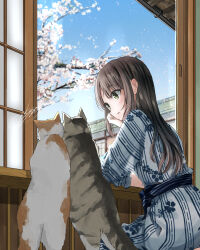 Rule 34 | 1girl, animal, black hair, blue sky, cat, cherry blossoms, chinese commentary, closed mouth, commentary request, feet out of frame, from side, grey eyes, highres, indoors, japanese clothes, kimono, long hair, long sleeves, looking outside, open window, original, shouji, sidelocks, sideways mouth, signature, sitting, sky, sliding doors, soragane (banisinngurei), spring (season), tree, white kimono, window, windowsill, yukata