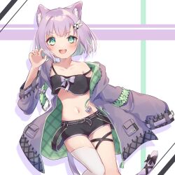Rule 34 | 1girl, :d, animal ear fluff, animal ears, black shorts, cat ears, cat girl, cat tail, commission, crop top, gradient hair, green eyes, green hair, highres, indie virtual youtuber, jacket, light purple hair, long sleeves, looking at viewer, midriff, momon mc, multicolored hair, navel, off shoulder, open clothes, open jacket, open mouth, purple jacket, second-party source, short hair, short shorts, shorts, shwaa, single thighhigh, skeb commission, sleeves past fingers, sleeves past wrists, smile, stomach, strap slip, tail, thigh strap, thighhighs, virtual youtuber, white thighhighs