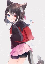 1girl animal_ear_fluff animal_ears backpack bag bike_shorts black_hood black_hoodie black_shorts blue_eyes blush bow cat_ears cat_girl cat_tail cowboy_shot from_behind grey_background hair_bow hair_ornament hairclip half_up_braid heart heterochromia highres hood hood_down hoodie indie_virtual_youtuber layered_skirt long_sleeves looking_at_viewer looking_back medium_hair multicolored_hair multiple_tails nukota_natsuna pink_bow pink_skirt red_eyes sese_nagi shorts shorts_under_skirt simple_background skirt solo standing streaked_hair tail turning_head virtual_youtuber white_hair x_hair_ornament