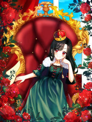 Rule 34 | &gt;:), 1girl, arm support, bad id, bad pixiv id, black hair, blue sky, blurry, blurry foreground, blush, closed mouth, cloud, crown, day, depth of field, dress, flower, fur collar, green dress, highres, indoors, long hair, mamel 27, mini crown, original, red eyes, red flower, red rose, rose, short sleeves, sitting, sky, smile, solo, throne, tilted headwear, v-shaped eyebrows, window