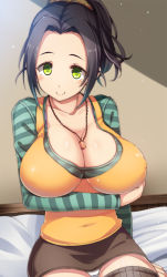 Rule 34 | 10s, 1girl, bad id, bad pixiv id, bed sheet, breast hold, breasts, brown hair, butakata, collarbone, ebihara naho, covered erect nipples, green eyes, idolmaster, idolmaster cinderella girls, impossible clothes, impossible shirt, jewelry, kouda hayato (e-gis), large breasts, long sleeves, looking at viewer, miniskirt, necklace, panties, pantyshot, pendant, ponytail, shirt, sitting, skirt, smile, solo, striped, striped sleeves, thighhighs, underwear, white panties