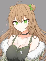 Rule 34 | 1girl, absurdres, ahoge, bare shoulders, black tank top, blush, bow, breasts, brown hair, character name, choker, cleavage, closed mouth, collarbone, dog tags, double bun, fur-trimmed jacket, fur trim, girls&#039; frontline, green bow, green eyes, green jacket, hair between eyes, hair bow, hair bun, heart, highres, jacket, long hair, looking at viewer, medium breasts, rfb (girls&#039; frontline), risshu, shirt, simple background, sleeveless, sleeveless shirt, smile, solo, tank top