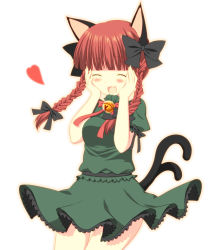 Rule 34 | 1girl, :3, animal ears, bad id, bad pixiv id, bell, blunt bangs, bow, braid, cat ears, cat girl, cat tail, closed eyes, female focus, hair bow, hands on own cheeks, hands on own face, happy, heart, jingle bell, kaenbyou rin, multiple tails, oniku (shimofuri-ke), open mouth, red hair, simple background, skirt, skirt set, smile, solo, tail, touhou, twin braids, twintails, white background