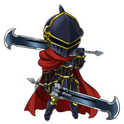 Rule 34 | 1boy, ainz ooal gown, armor, armored boots, blackgeneride, boots, cape, chibi, dual wielding, full armor, full body, gauntlets, helmet, highres, holding, holding sword, holding weapon, male focus, overlord (maruyama), red cape, solo, sword, watermark, weapon
